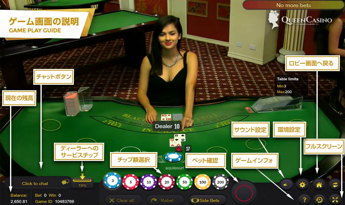 LIVE CASINO RENO BLACKJACK-ライブカジノリーノ ブラックジャック ゲーム画面説明